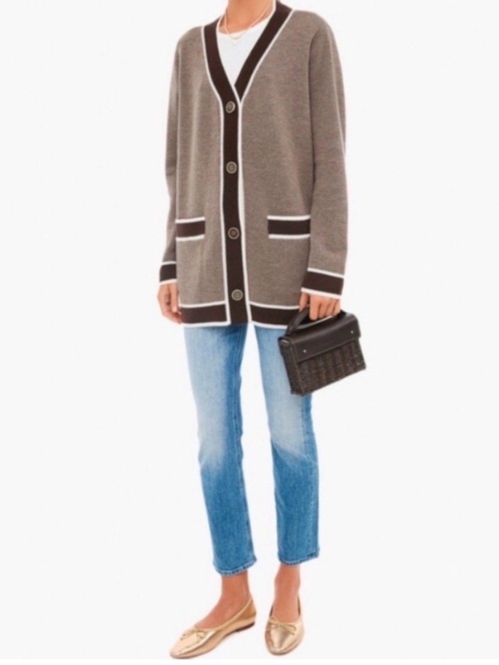 Tuckernuck Brown Wool Lauren Cardigan Sweater Contrast Cream Trim L